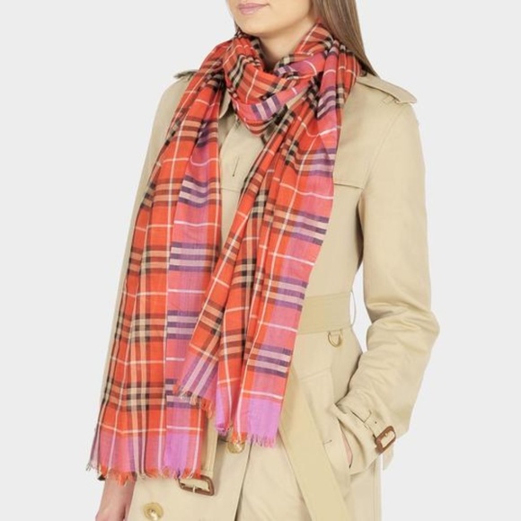 Burberry Bright Orange Red Check Wool/Silk Scarf - Picture 5 of 5